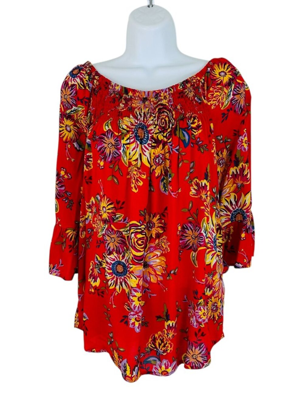 Beach Lunch Lounge Women's Size M Vibrant Floral Peasant Style Red Blouse